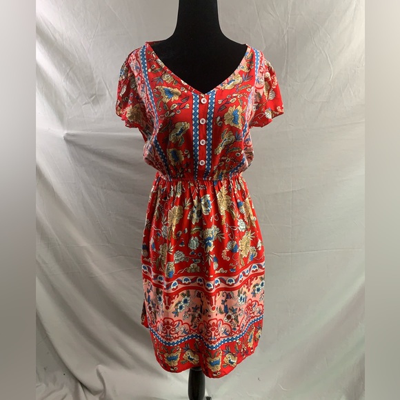 Red Boho Floral Print Petal Sleeve Dress - Picture 6 of 6